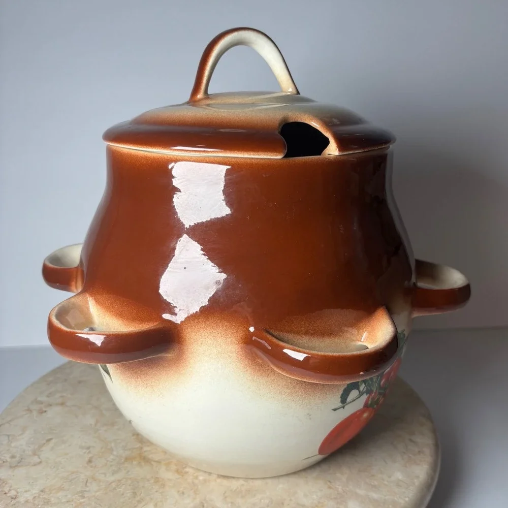 Vintage Ceramic Vegetable Soup Tureen Lidded Bean Pot Brown Cream 6-Handle Large